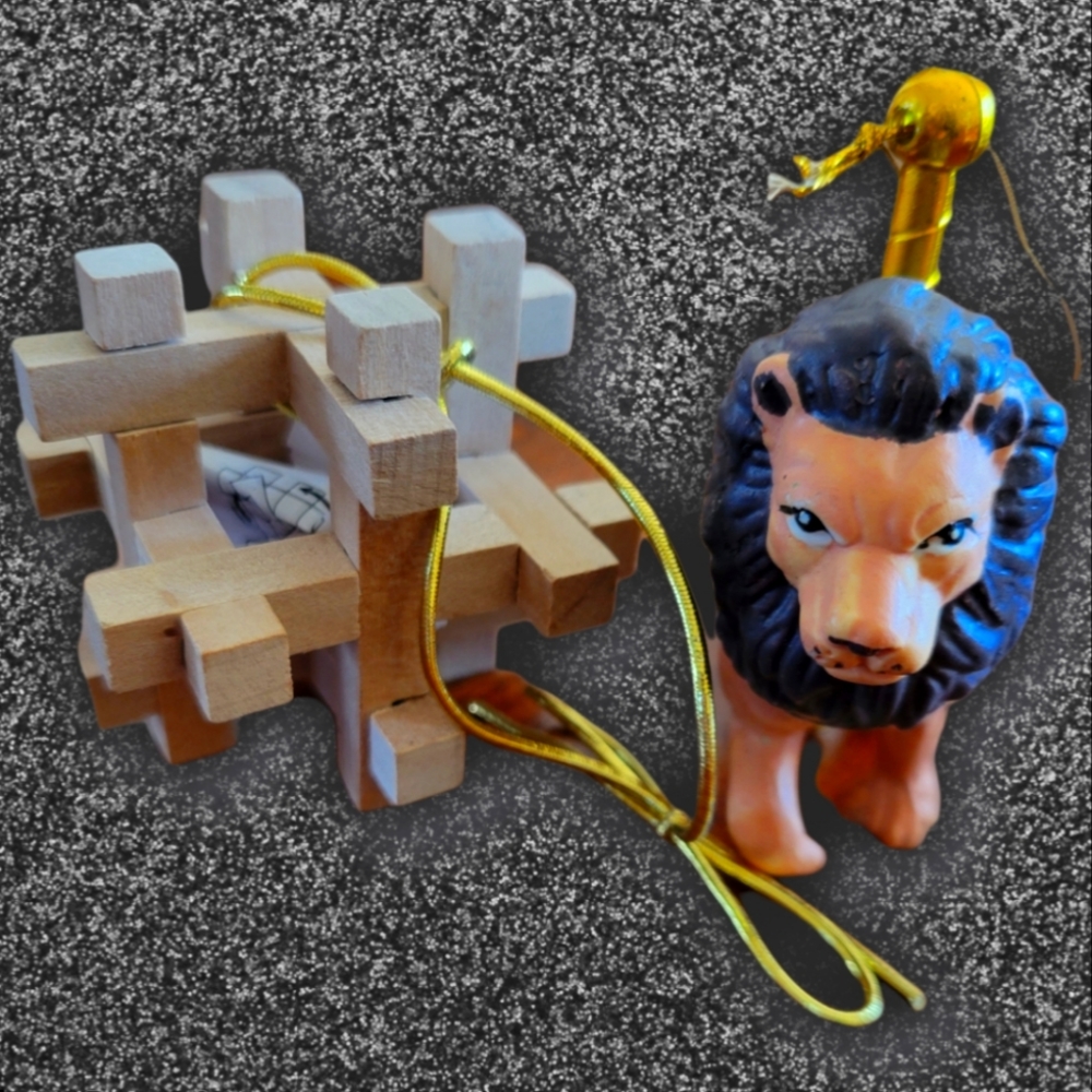 2 Vtg Ornaments Lion Carousel & Wooden Puzzle Game